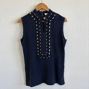Pierre Balmain navy 100% silk tunic blouse with gold-embroidered trim, Size XS